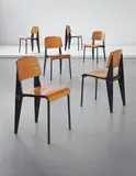 Set of six rare demountable 'Semi-metal' chairs, model no. 300 by Jean Prouvé, circa 1950-1953, Painted steel, painted tubular steel, moulded plywood, sold Apr 2015