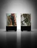 Two illuminated 'Vetrate Grosse' glass blocks, designed for the windows of San Carlo's Church, Milan by Gio Ponti and Toni Zuccheri, circa 1966, Coloured glass, fabric, painted metal, sold Apr 2015