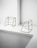 Jean Royere, Pair of side tables, circa 1955, Painted tubular metal, painted metal, glass