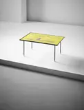 Mathieu Matégot, Rare coffee table, 1956, Painted board with stencil cutout, glass, brass, painted aluminium