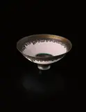 Footed bowl by Lucie Rie, circa 1980, Porcelain, inlaid pink lines, turquoise and golden manganese bands, sold Oct 2015