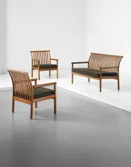 Isamu Kenmochi, Unique sofa and pair of armchairs, designed for a private commission, Japan, 1964, Oak, fabric