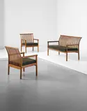 Isamu Kenmochi, Unique sofa and pair of armchairs, designed for a private commission, Japan, 1964, Oak, fabric