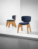 Kenzo Tange, Pair of chairs, from the Sumi Memorial Hall, Aichi, 1957, Bent laminated birch, fabric