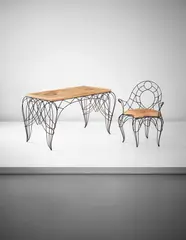 André Dubreuil, Unique desk and chair, 1986, Wrought iron, leather