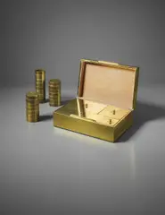 Gabriella Crespi, Large lidded box, match holder and cigarette lighter, 1968-1975, Engraved brass, brass-covered wood, chromium-plated metal