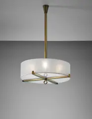 'Tambour' ceiling light by Jacques Quinet, circa 1962, Patinated brass, patinated tubular brass, acrylic, cellulose shade, offered Oct 2015