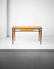 Rare desk by Jacques Quinet, 1955-1957, Brass, mahogany, leather, offered Oct 2015