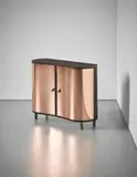 Pietro Chiesa, Rare cabinet, circa 1938, Pear wood, pear-veneered wood, coloured mirrored glass, tubular brass, brass