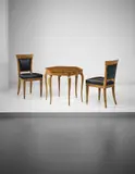 Gio Ponti, Early table and pair of side chairs, circa 1927, Table: burr walnut-veneered wood. Each chair: burr walnut-veneered wood, leather