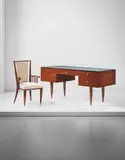 Gio Ponti, Unique desk and armchair, designed for the 'Domus Alba' apartment, Milan, circa 1936, Desk: rosewood-veneered wood, rosewood, glass, brass, fabric. Armchair: rosewood-veneered wood, rosewood, fabric