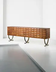Rare sideboard by Paolo Buffa, circa 1940, Walnut, teak, bronze, opaque glass, mirrored glass, coloured glass, nickel-plated metal, sold Oct 2015