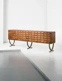 Paolo Buffa, Rare sideboard, circa 1940, Walnut, teak, bronze, opaque glass, mirrored glass, coloured glass, nickel-plated metal