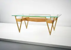 Melchiorre Bega, Rare desk, circa 1959, Brass, glass, maple-veneered wood