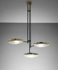 Unique large three-armed ceiling light, designed for the Cartoleria Adua, Milan by Stilnovo, circa 1947, Brass, painted tubular brass, opaque glass, sold Oct 2015