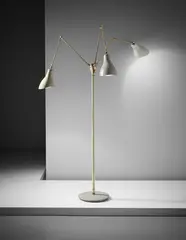 Rare three-armed adjustable standard lamp by Arredoluce, circa 1950, Painted metal, tubular brass, brass, tubular painted metal, sold Oct 2015