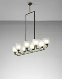 Early chandelier, designed for Casa G., Province of Turin by Gio Ponti, circa 1927, Tubular brass, brass, opaque glass, glass, sold Oct 2015