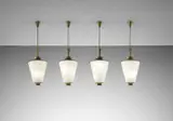 Set of four ceiling lights, from the reception rooms of Terme San Pellegrino by Gio Ponti, 1946, Brass, tubular brass, opaque glass, sold Oct 2015