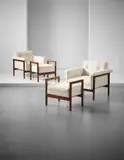Ettore Sottsass, Pair of rare 'Canada' armchairs and ottomans