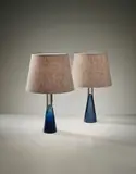 Lisa Johansson-Pape, Pair of 'Mademoiselle' table lamps, model no. 40-013, circa 1954, Glass, coloured glass, brass, fabric shades