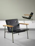 Yrjö Kukkapuro, Pair of rare folding 'Triennale' chairs, 1960, Leather, nickel-plated tubular metal, painted metal, oak