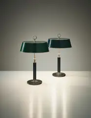Erik Tidstrand, Pair of table lamps, model no. 27524, circa 1932, Painted metal, nickel-plated tubular metal, nickel-plated metal, painted wood