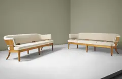 Kaj Gottlob, Pair of rare sofas, designed for the Copenhagen Stock Exchange, Committee Hall, Copenhagen, 1947, Oak, fabric