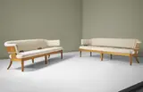 Kaj Gottlob, Pair of rare sofas, designed for the Copenhagen Stock Exchange, Committee Hall, Copenhagen, 1947, Oak, fabric