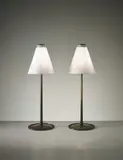Aage Rafn, Pair of table lamps, designed for the Rigspolitiet Headquarters, Copenhagen, 1924, Patinated bronze, opaque glass