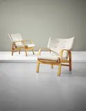Magnus Læssøe Stephensen, Pair of easy armchairs, model no. 23, designed 1932, Beech, fabric, leather