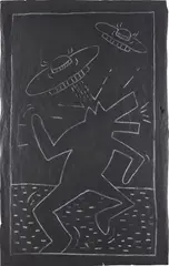 Keith Haring, Barking Dog and Spaceships, 1982, chalk on black paper