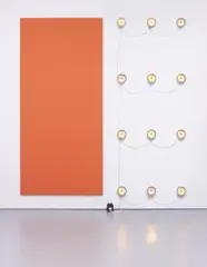 FS 222 by John Armleder, 1989, fog lamps, acrylic on canvas, sold Feb 2014