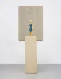 Stephan Balkenhol, Untitled (female figure looking up and relief with dots), 2005, Wawa wood, paint, in two parts