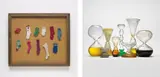 Suchan Kinoshita, Two works: (i) Singles, 1996; (ii) Egg Timer Sculpture, 2000-02, (i) wood and glass vitrine, socks, glove, pins (ii) eight blown glass egg timers filled with olive oil, mercury, washing up liquid, vinegar and other liquid