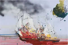Collision by Whitney Bedford, 2003, ink, spray paint, oil on panel, offered Apr 2014