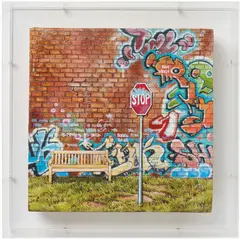 Miranda Donovan, Never Stop, 2007, oil and mixed media on board in Plexiglas box