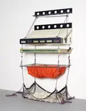 Ashley Bickerton, Stratified Landscape #3, 1990, wood, fiberglass, corroded steel, corroded copper, leather, rope, anodized aluminum, canvas, netting, beans, resin, decomposed seaweed, coral