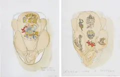 Wim Delvoye, Two works: (i) Texan's Ruin; (ii) Chicken with 7 tattoos, 1996, (i) watercolour, pencil and ink on paper (ii) watercolour, pencil and ink on paper