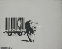 Barcode Leopard by Banksy, 2002, spray paint and emulsion on canvas, sold Jul 2014