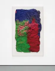o.T. by Franz West, 1975, newspaper, acrylic on jute, laid on panel, in acrylic glass box frame, sold Oct 2014