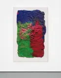 Franz West, o.T., 1975, newspaper, acrylic on jute, laid on panel, in acrylic glass box frame