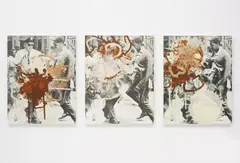 Black Star Press (Black Star, Black Press, Star Press) by Kelley Walker, 2005, silkscreened white, milk and dark chocolate on digital print on canvas laid on board, in 3 parts, sold Oct 2014