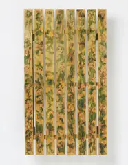 Untitled (Toro #9) by Fredrik Værslev, 2011, house paint, enamel paint, spray paint and nails on pressure impregnated spruce, Siberian larch frame, steel support, offered Oct 2014