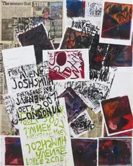 Untitled by Josh Smith, 2007, oil, ink, varnish, collage on panel, sold Oct 2014