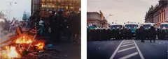 Josephine Meckseper, Two works: (i) Untitled (Berlin Demonstration, Fire, Cops), 2002; (ii) Untitled (Berlin Demonstration, Police Brigade), 2002, two chromogenic prints, Diasec mounted