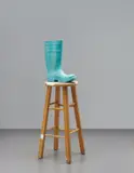 Mark Bradford, Ahab's Revenge, 2009, papier-mâché on rubber boot, wooden stool
