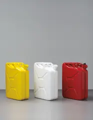 Adam McEwen, Three works: (i) Jerrycan (Diesel), 2007; (ii) Jerrycan (Holy Water), 2010; Jerrycan (Gasoline), 2008, three pressed steel gerrycans, 20 litres of holy water