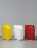 Adam McEwen, Three works: (i) Jerrycan (Diesel), 2007; (ii) Jerrycan (Holy Water), 2010; Jerrycan (Gasoline), 2008, three pressed steel gerrycans, 20 litres of holy water