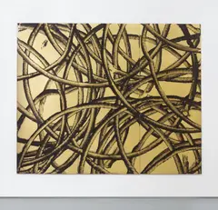 Aaron Young, Untitled (Triptych), 2010, burnt rubber, motor oil on gold-plated brass panel, in three parts