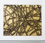 Aaron Young, Untitled (Triptych), 2010, burnt rubber, motor oil on gold-plated brass panel, in three parts